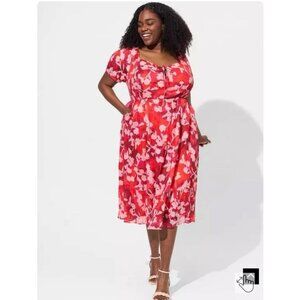 Torrid Midi Lined Lace Up Sweetheart Neckline Dress 2X 18-20 Floral Ruffle Red